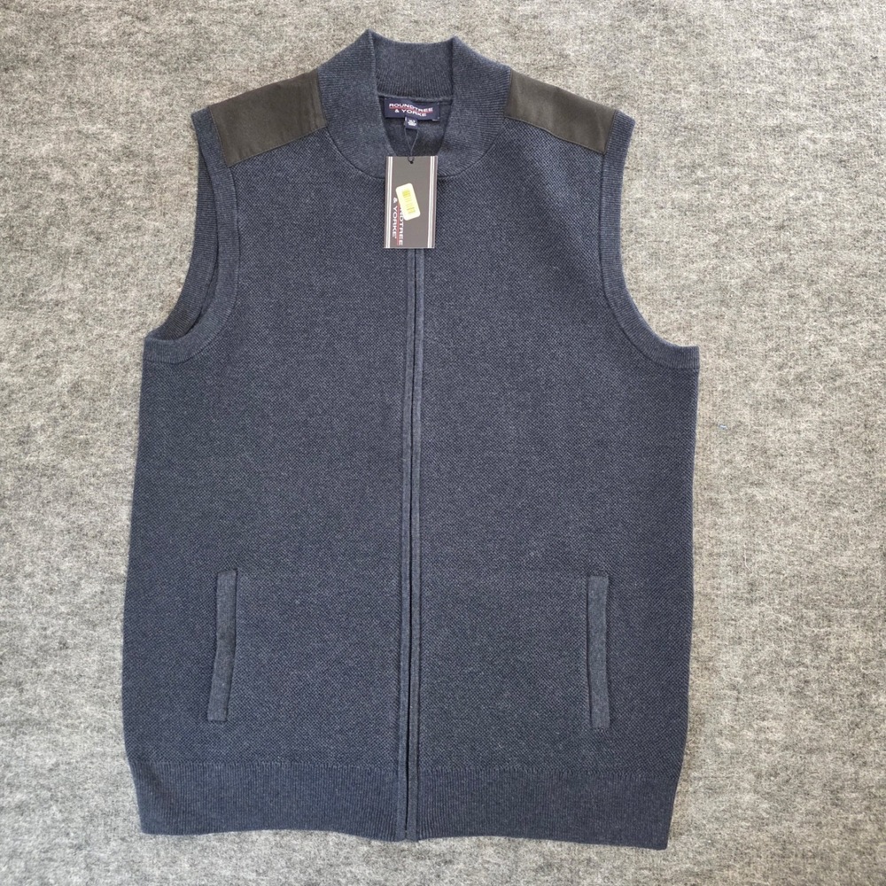 NWT Roundtree‎ & Yorke Vest Mens XLT Blue Full Zip Cotton Knit Suede Shoulder